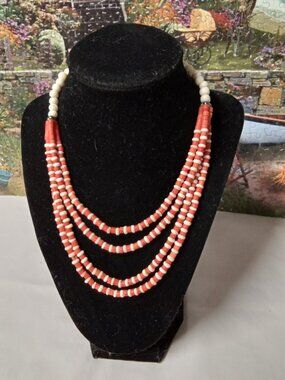 Vintage Beaded Wood Cream n Orange Necklace